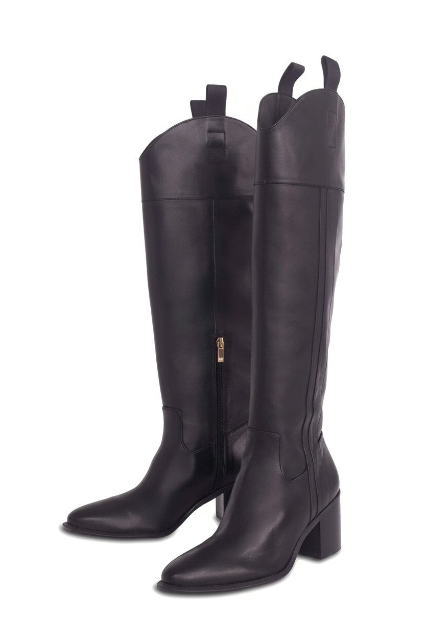 Canna Black Calf Leather Knee-High Riding Boots – 6.5cm Block Heel