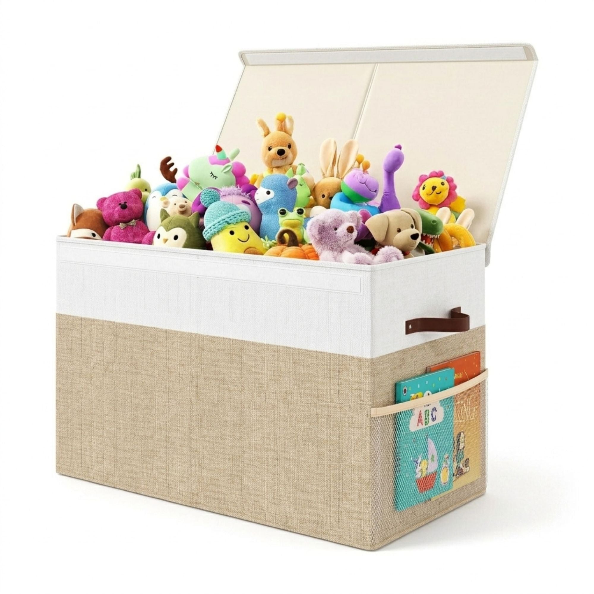 Large Foldable Toy Storage Box with Lid Beige Linen - Like Fabric