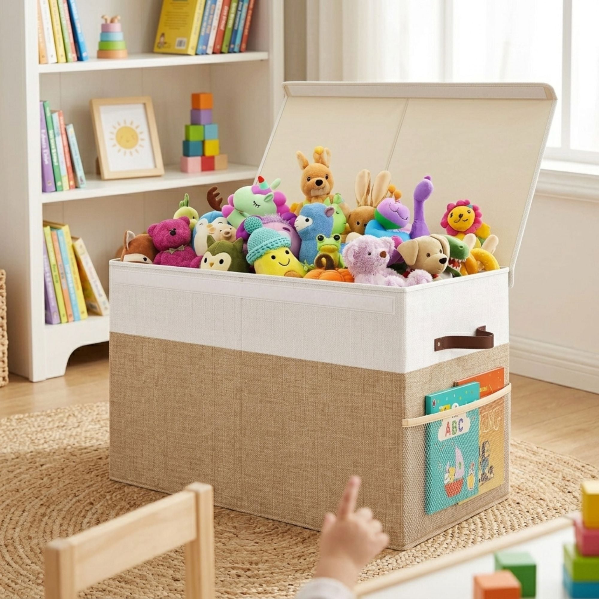 Large Foldable Toy Storage Box with Lid Beige Linen - Like Fabric