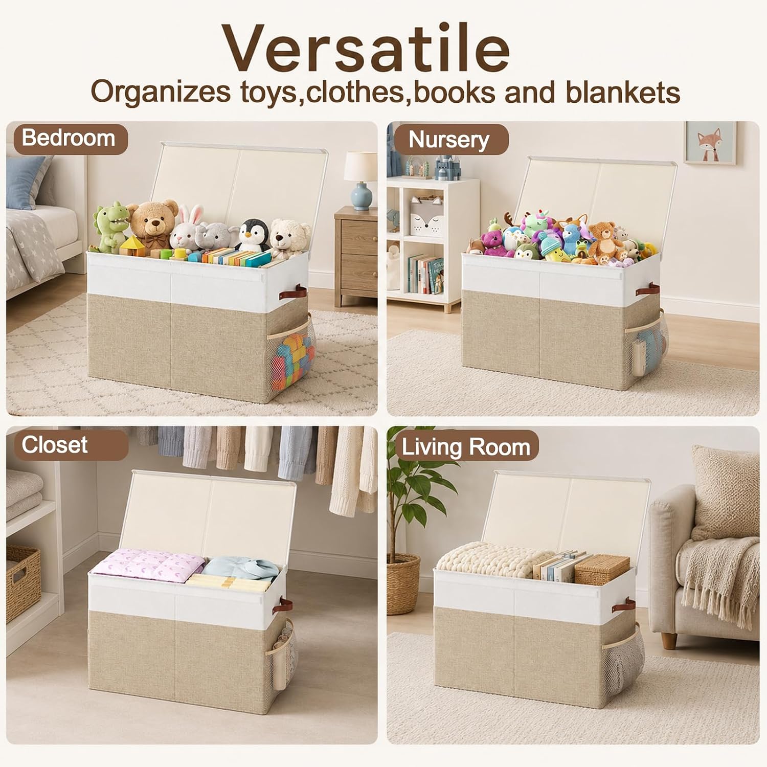 Large Foldable Toy Storage Box with Lid Beige Linen - Like Fabric