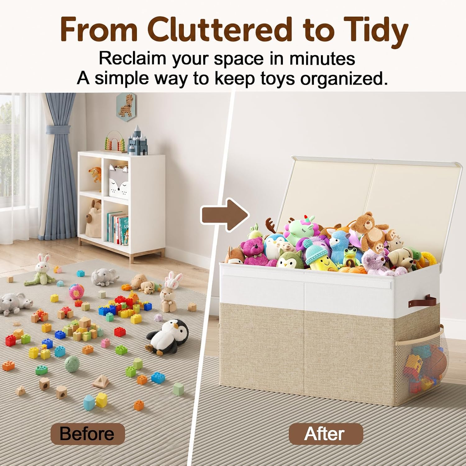 Large Foldable Toy Storage Box with Lid Beige Linen - Like Fabric