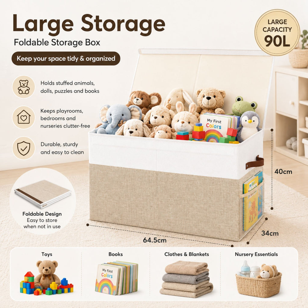 Large Foldable Toy Storage Box with Lid Beige Linen - Like Fabric