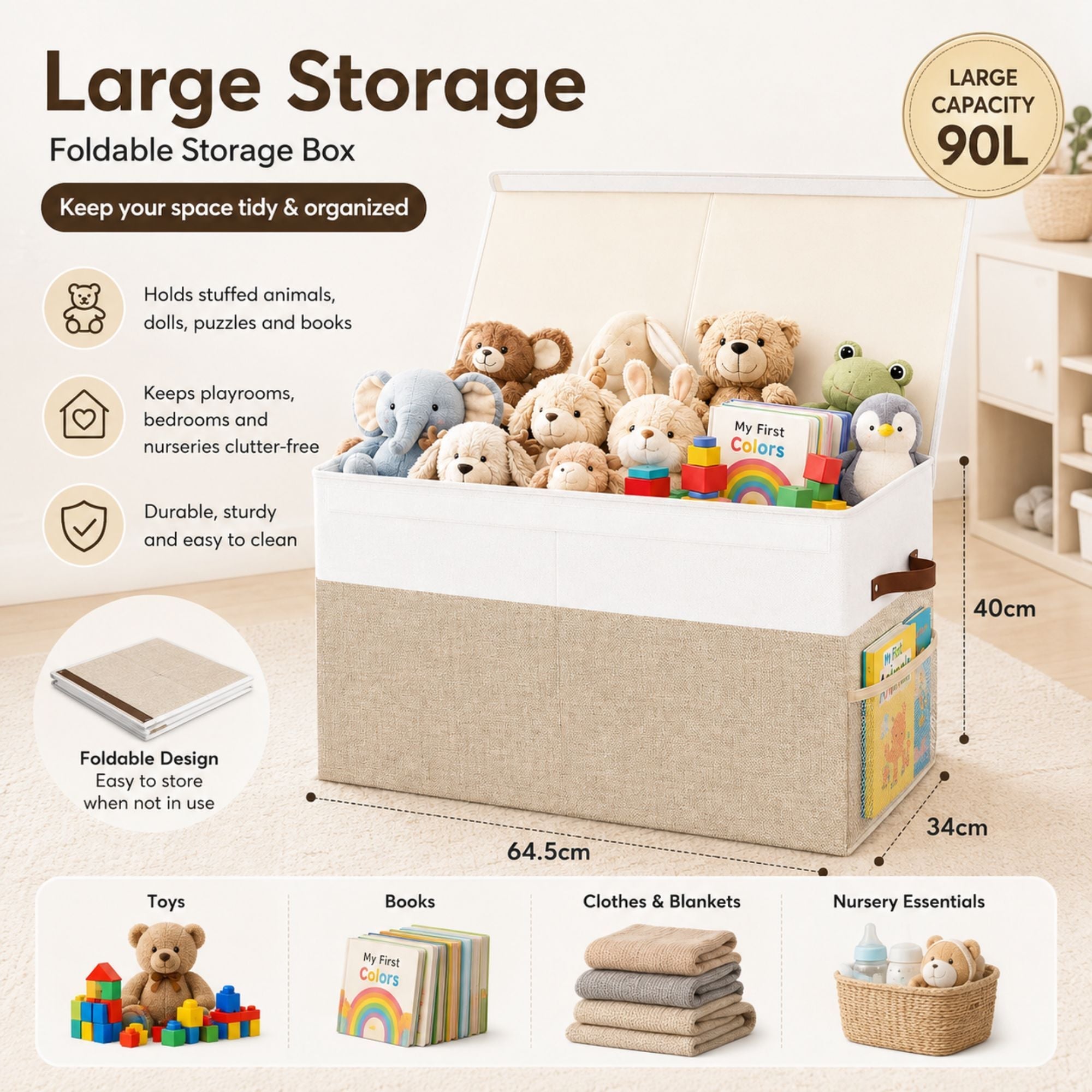 Large Foldable Toy Storage Box with Lid Beige Linen - Like Fabric