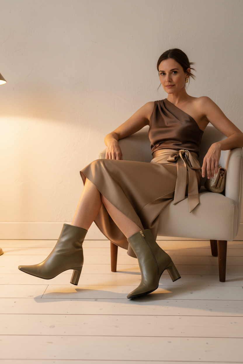 Senna Olive Goat Leather Ankle Boots – 7.6cm Block Heel