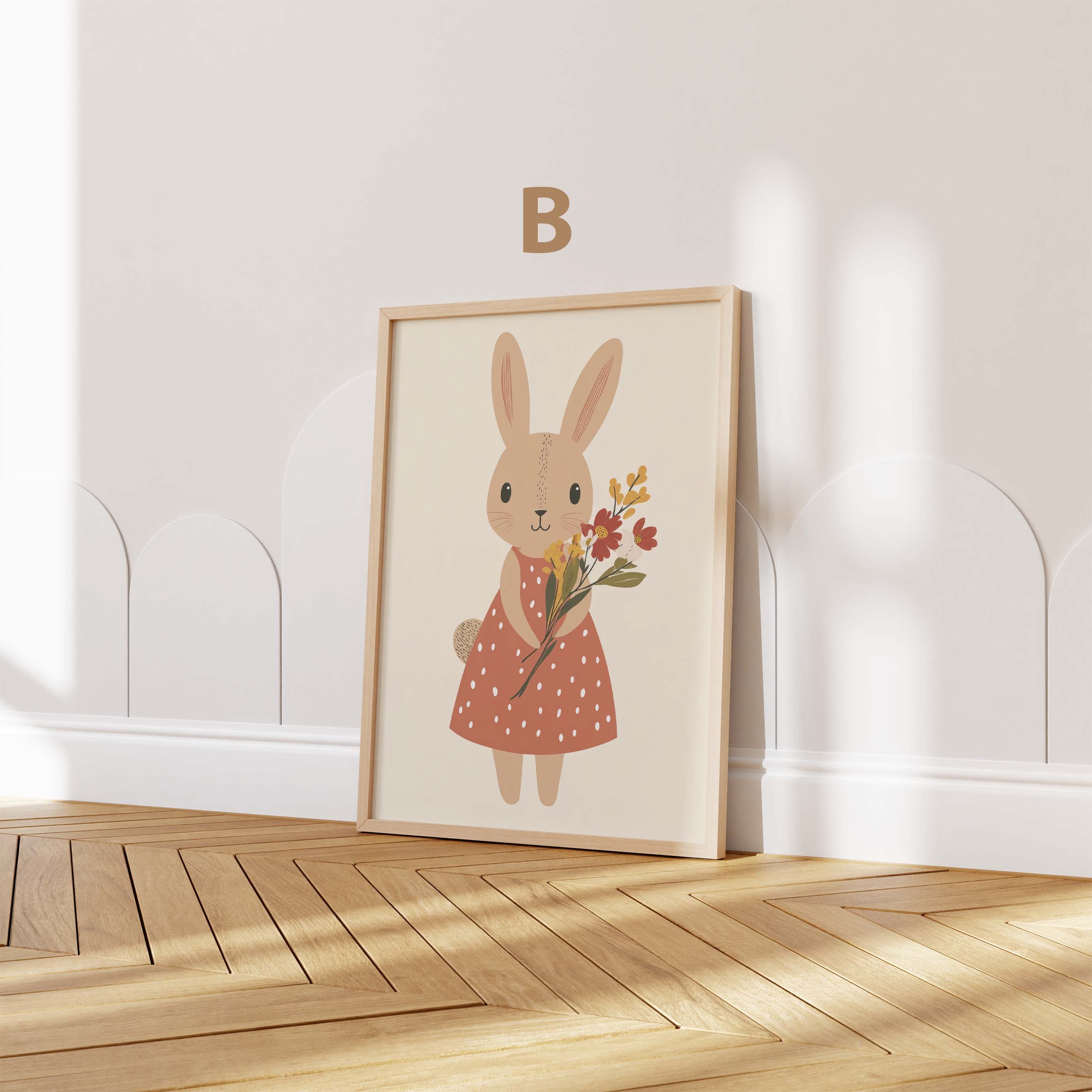 Häschen Poster · Geschenkidee · Aquarell mit Blumen und niedlichen Hasen · Kinderzimmer Deko · Dekoprint ohne Rahmen