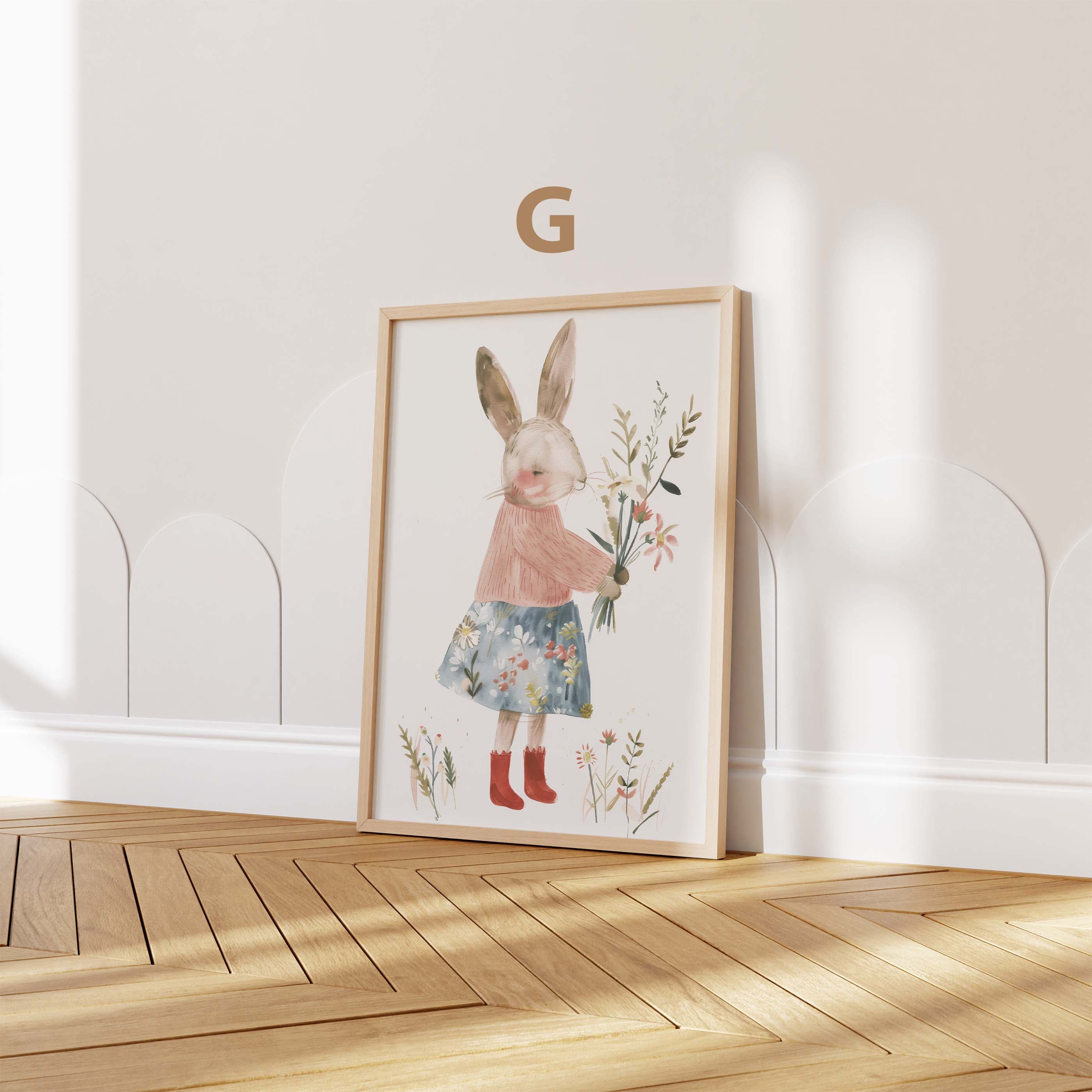 Häschen Poster · Geschenkidee · Aquarell mit Blumen und niedlichen Hasen · Kinderzimmer Deko · Dekoprint ohne Rahmen
