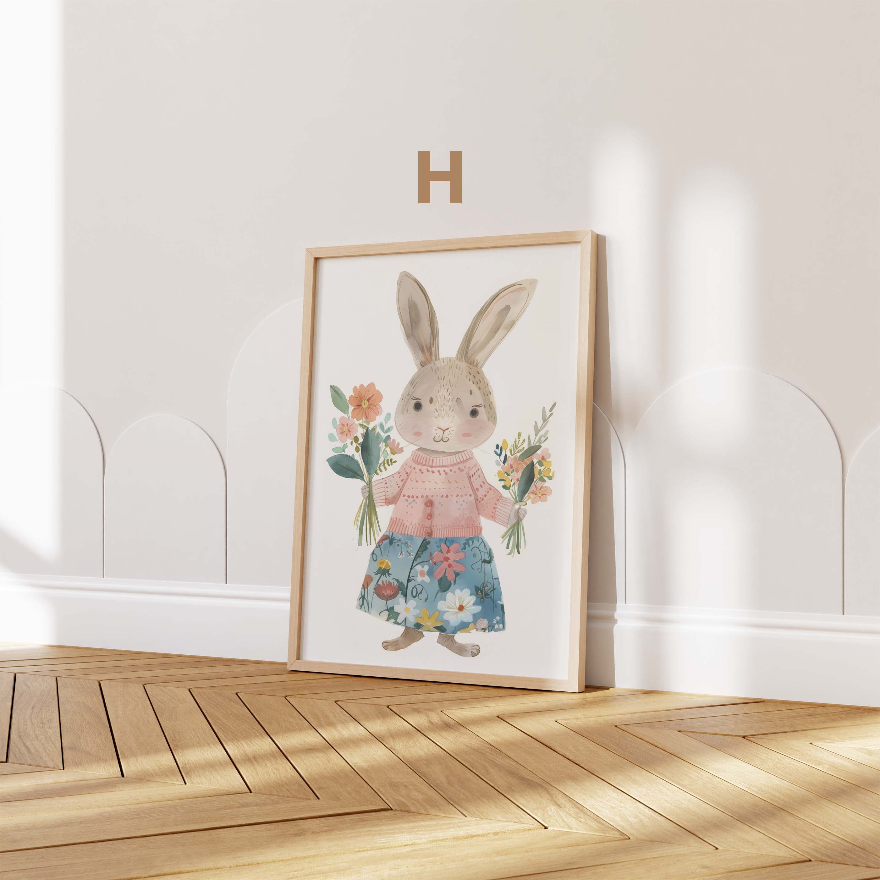 Häschen Poster · Geschenkidee · Aquarell mit Blumen und niedlichen Hasen · Kinderzimmer Deko · Dekoprint ohne Rahmen