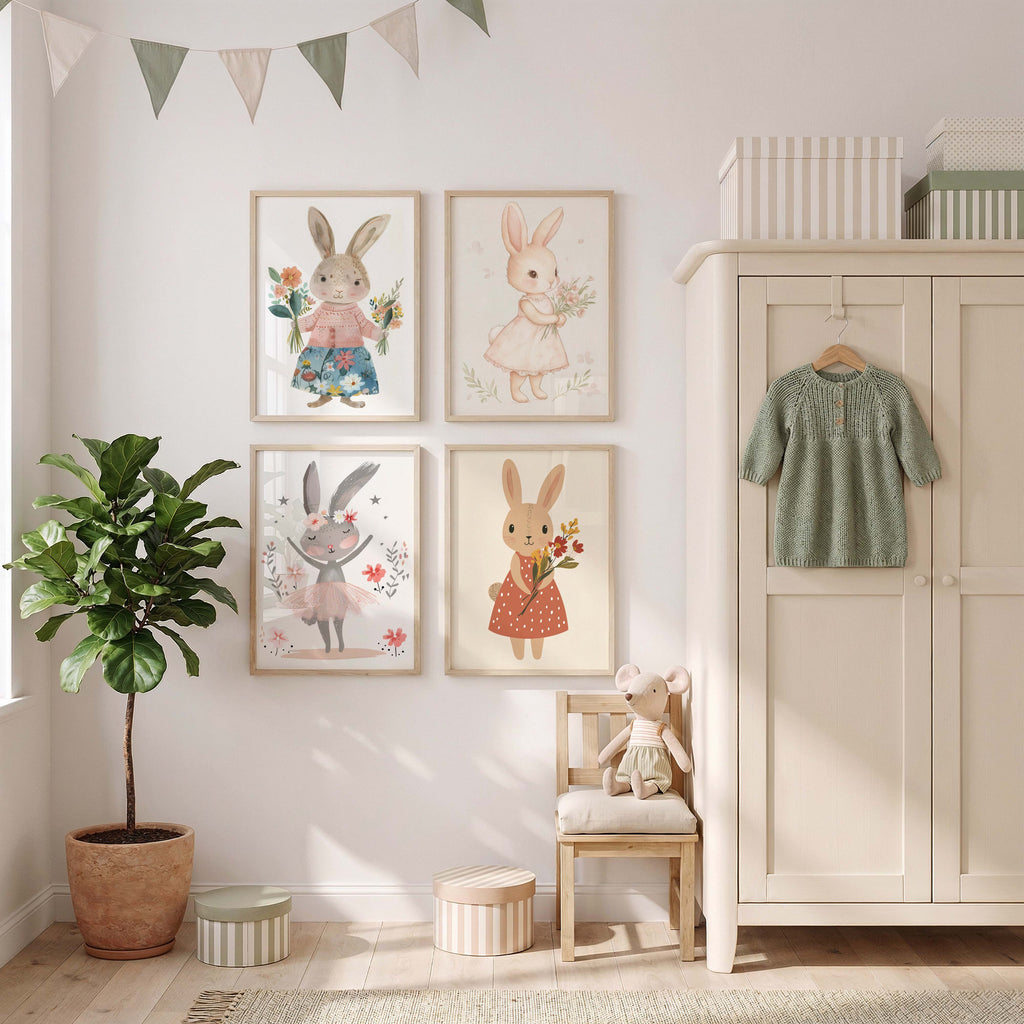 Häschen Poster · Geschenkidee · Aquarell mit Blumen und niedlichen Hasen · Kinderzimmer Deko · Dekoprint ohne Rahmen