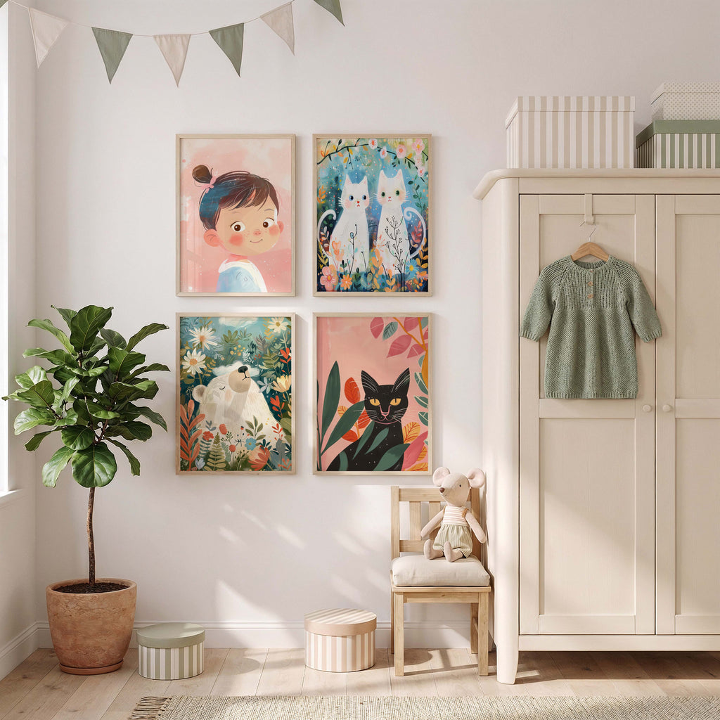Mädchen Kinderzimmer Poster · Geschenkidee · Märchenhafte Illustration mit Einhorn und Katzen · Kinderzimmer Deko · Dekoprint ohne Rahmen