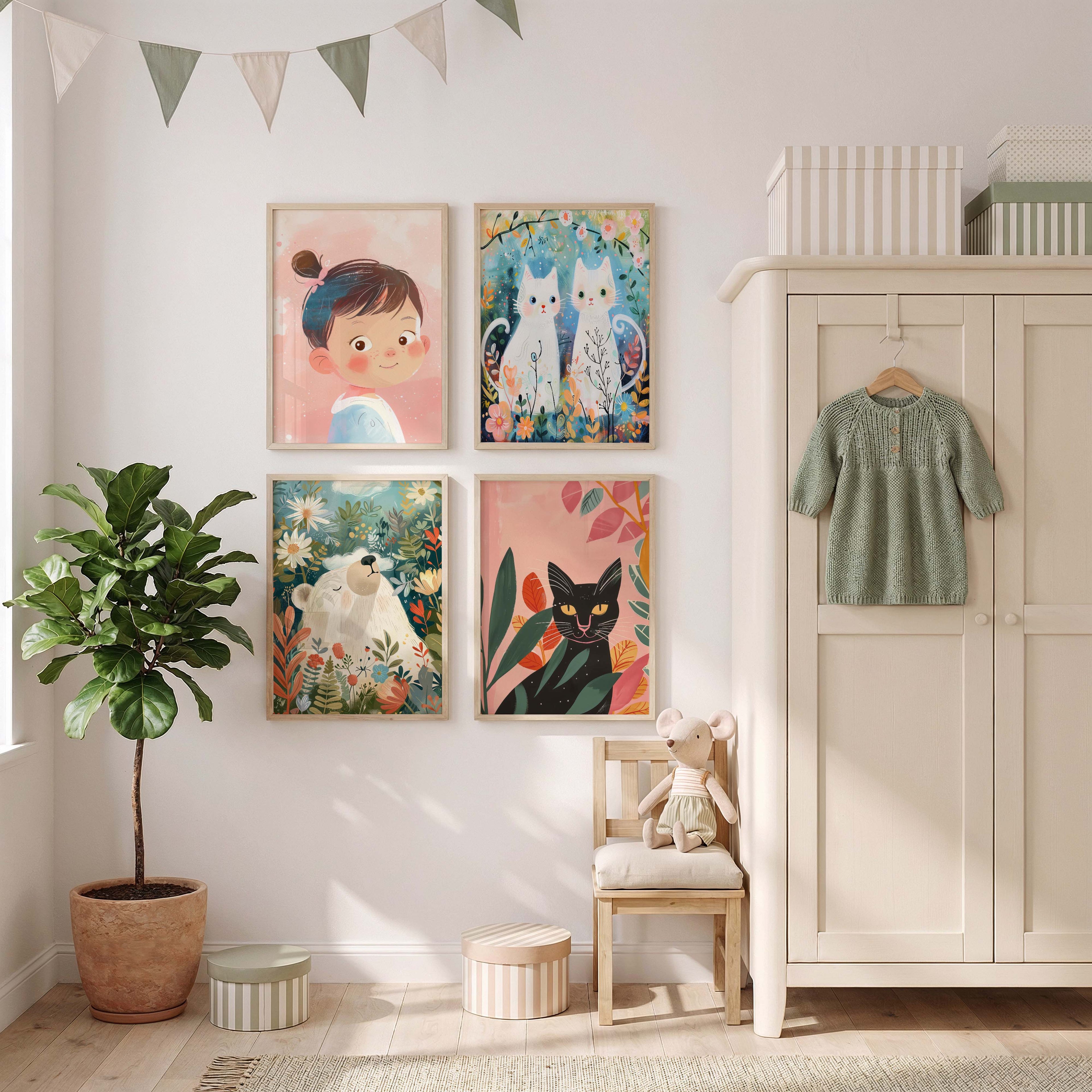 Mädchen Kinderzimmer Poster · Geschenkidee · Märchenhafte Illustration mit Einhorn und Katzen · Kinderzimmer Deko · Dekoprint ohne Rahmen