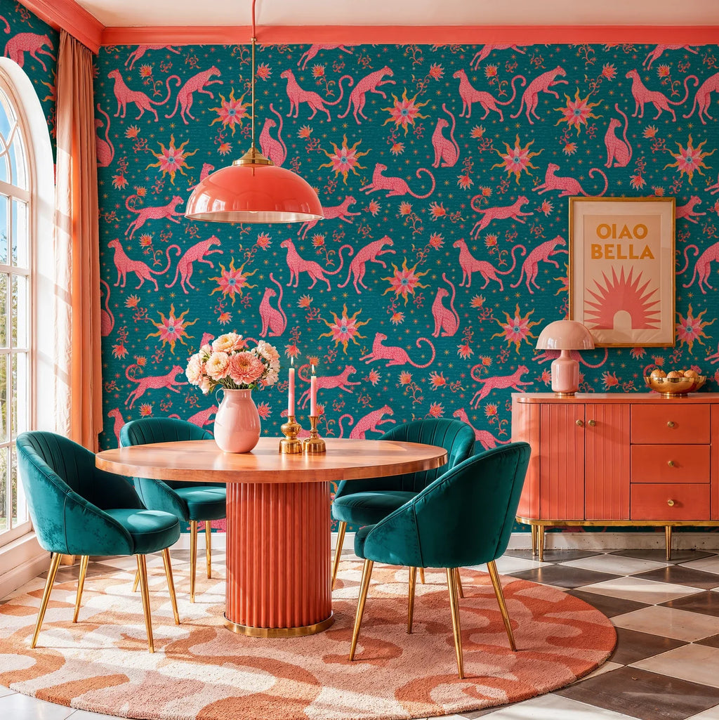 Pink Leopards and Celestial Suns Wallpaper