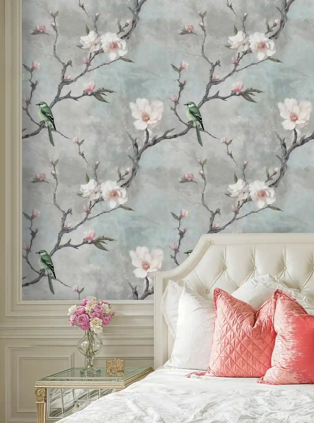Elegant Magnolia Blossom and Birds Wallpaper