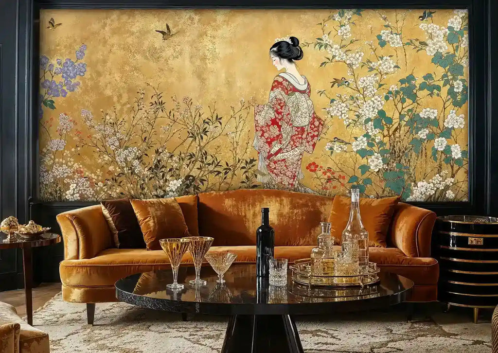 Geisha in Gilded Blossom Garden Wall Mural