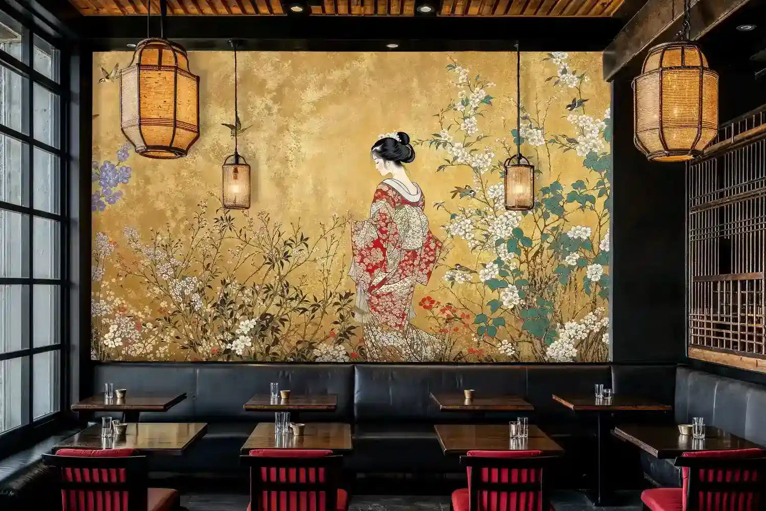 Geisha in Gilded Blossom Garden Wall Mural