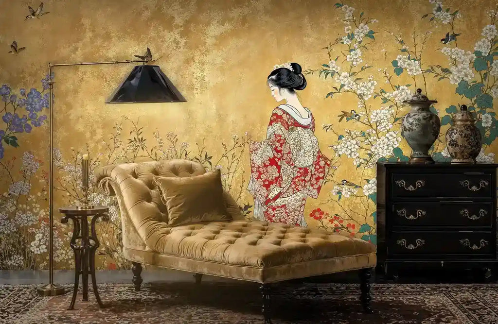 Geisha in Gilded Blossom Garden Wall Mural