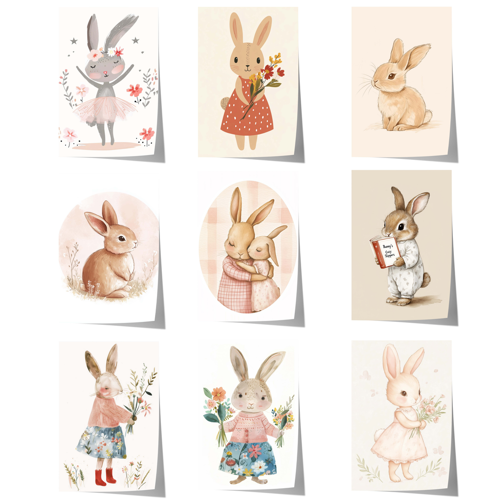 Häschen Poster · Geschenkidee · Aquarell mit Blumen und niedlichen Hasen · Kinderzimmer Deko · Dekoprint ohne Rahmen
