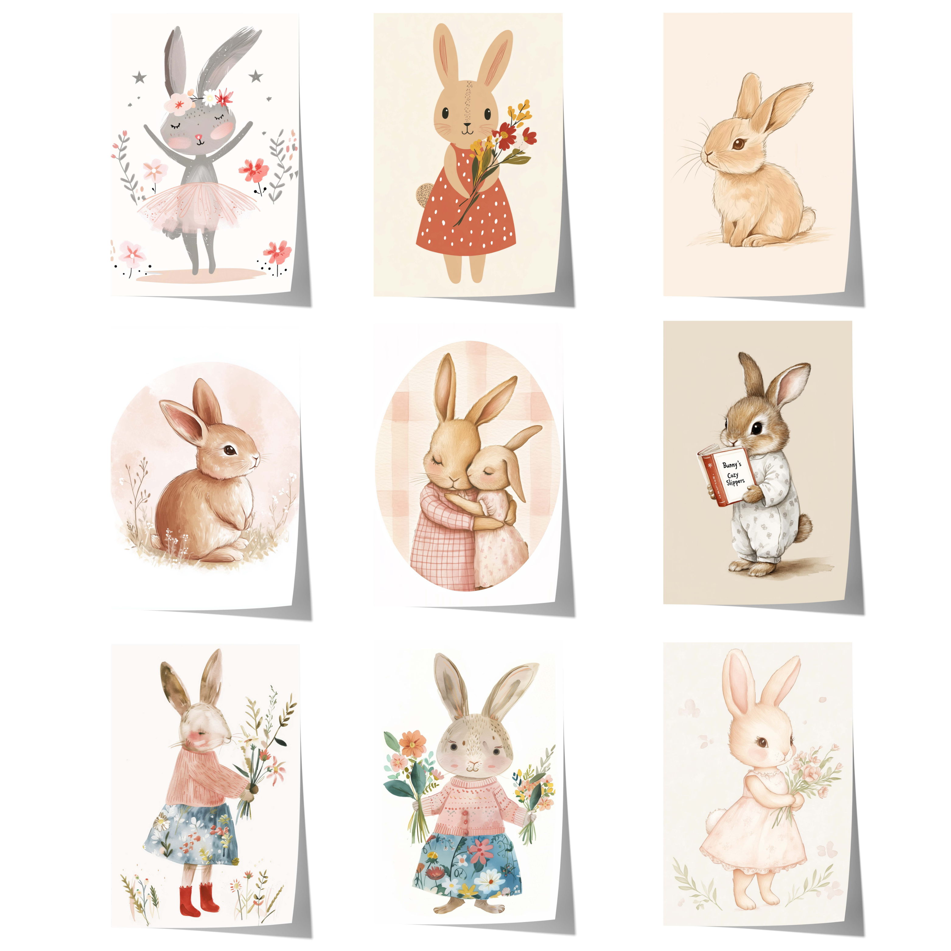 Häschen Poster · Geschenkidee · Aquarell mit Blumen und niedlichen Hasen · Kinderzimmer Deko · Dekoprint ohne Rahmen