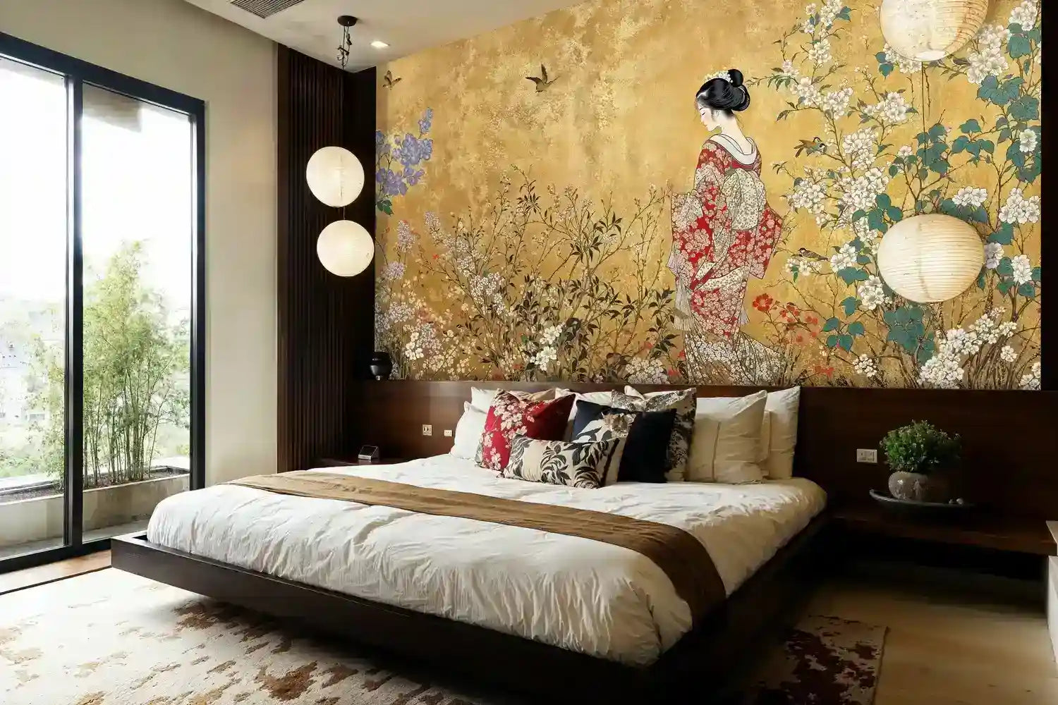 Geisha in Gilded Blossom Garden Wall Mural
