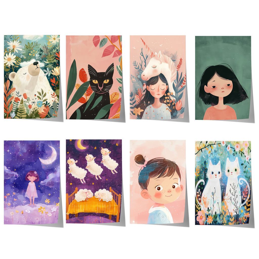 Mädchen Kinderzimmer Poster · Geschenkidee · Märchenhafte Illustration mit Einhorn und Katzen · Kinderzimmer Deko · Dekoprint ohne Rahmen