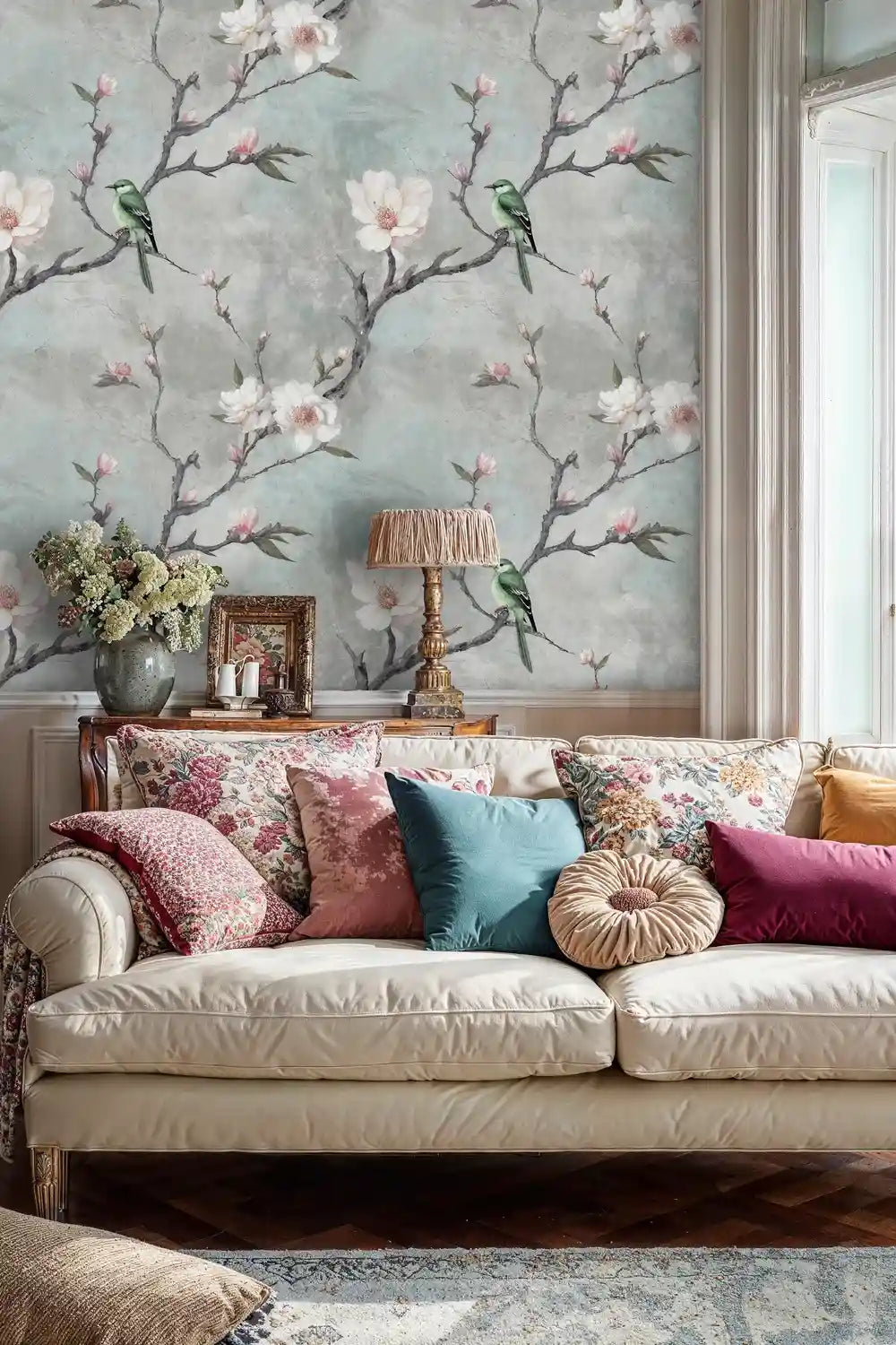 Elegant Magnolia Blossom and Birds Wallpaper