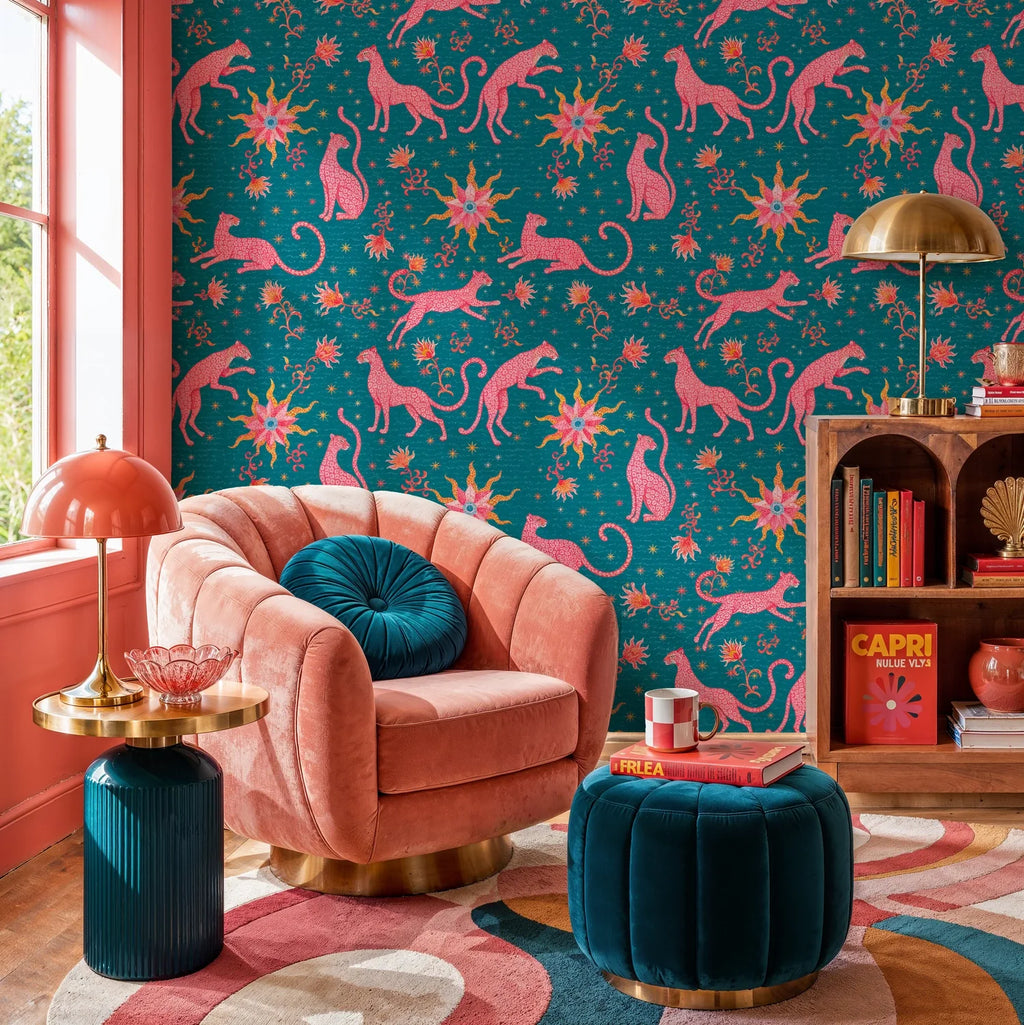 Pink Leopards and Celestial Suns Wallpaper