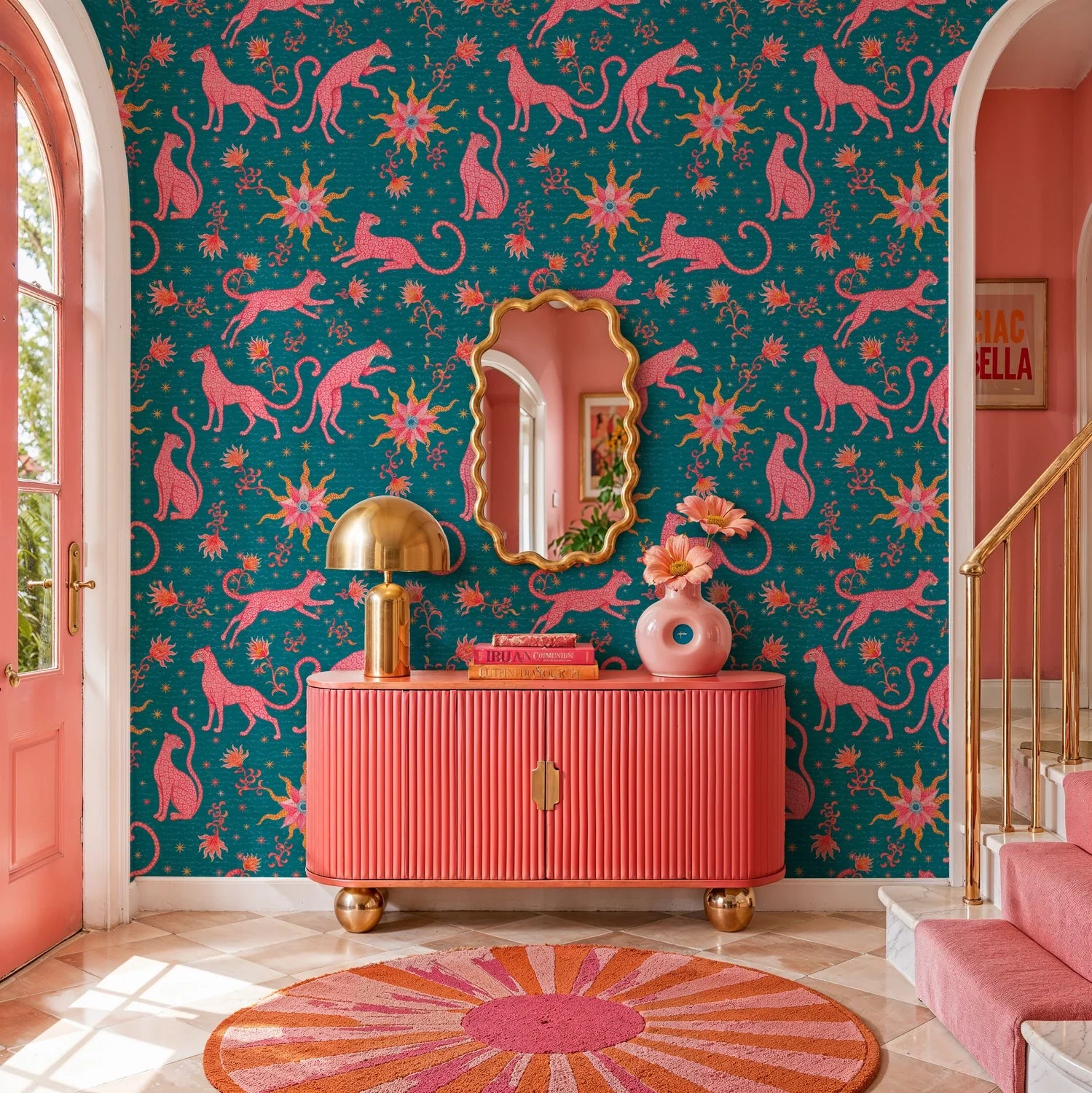 Pink Leopards and Celestial Suns Wallpaper