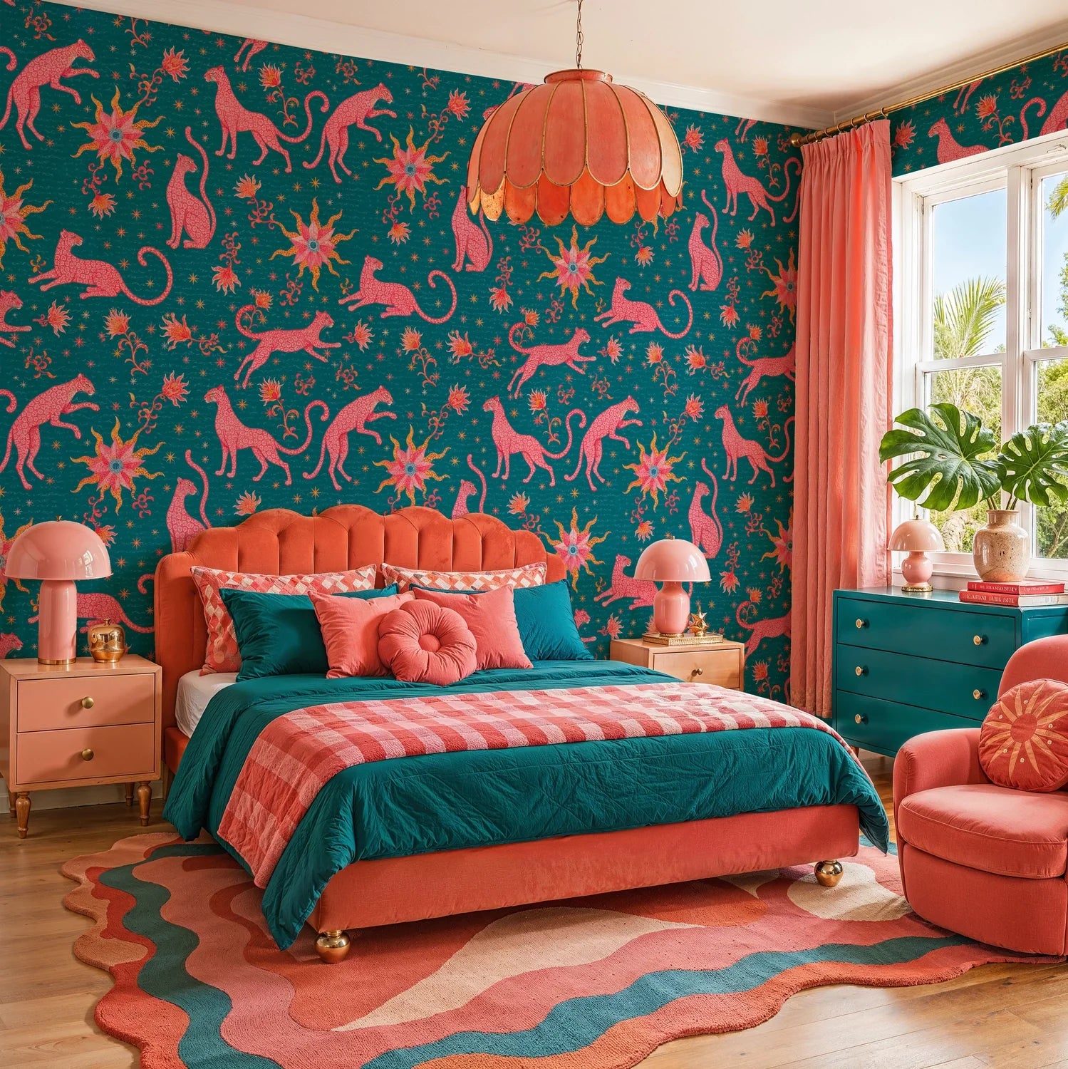 Pink Leopards and Celestial Suns Wallpaper