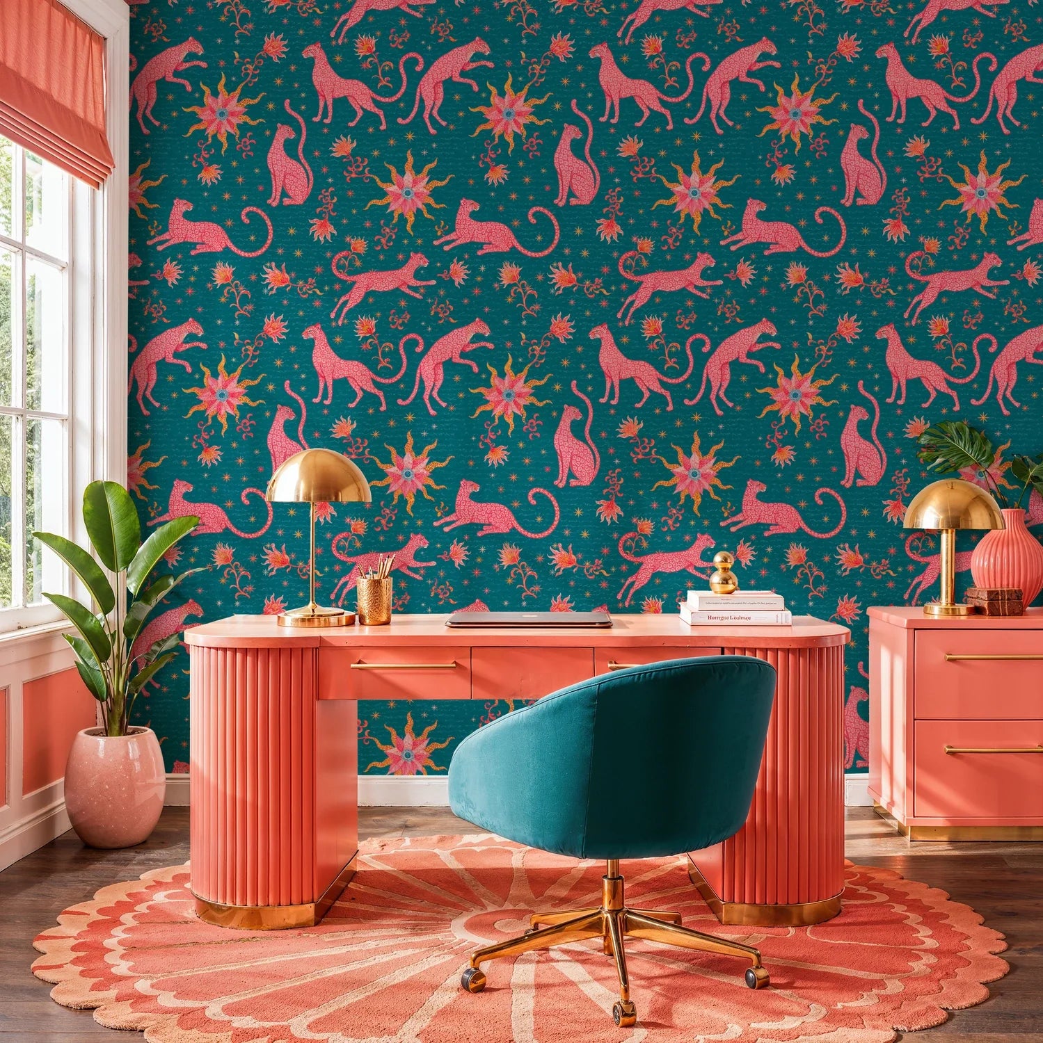 Pink Leopards and Celestial Suns Wallpaper