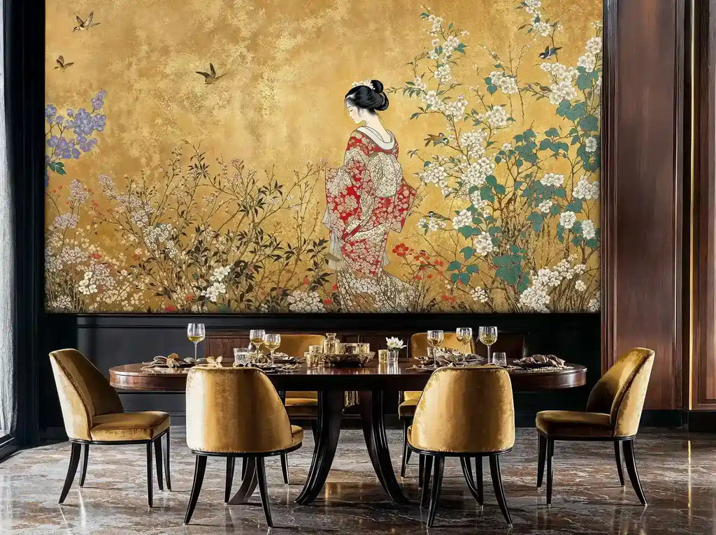 Geisha in Gilded Blossom Garden Wall Mural